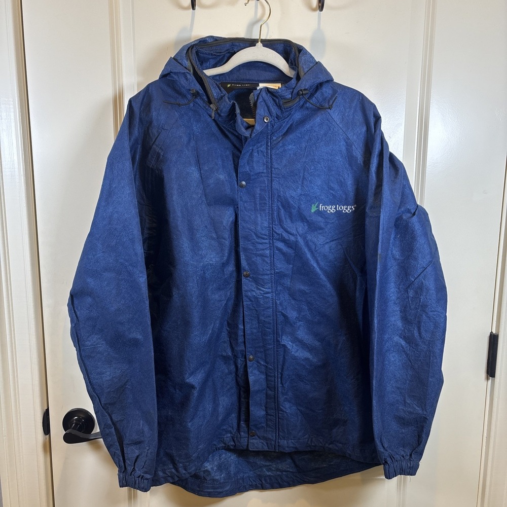 Frogg Toggs Rain Jacket Medium Blue Hooded Waterproof Lightweight Full Zip Snap